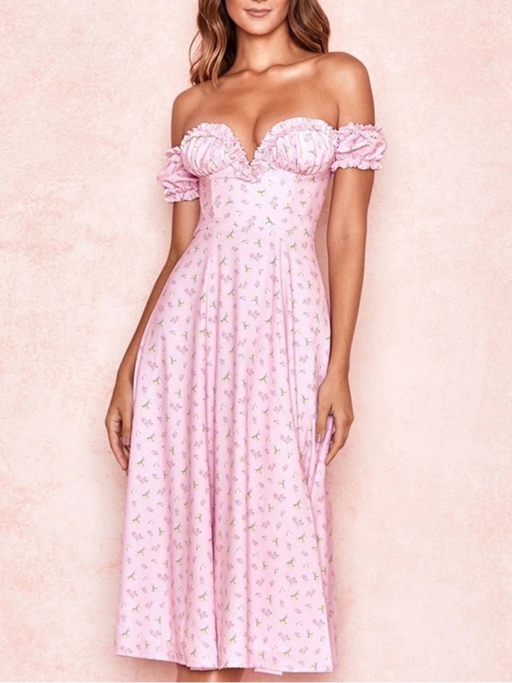 House of CB Blush Pink Off-Shoulder Floral Midi Dress